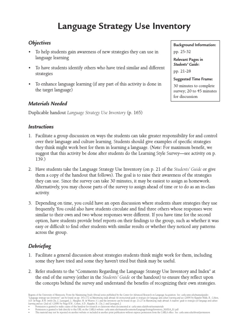 Language Strategy Use Inventory Guide | PDF | Second Language ...