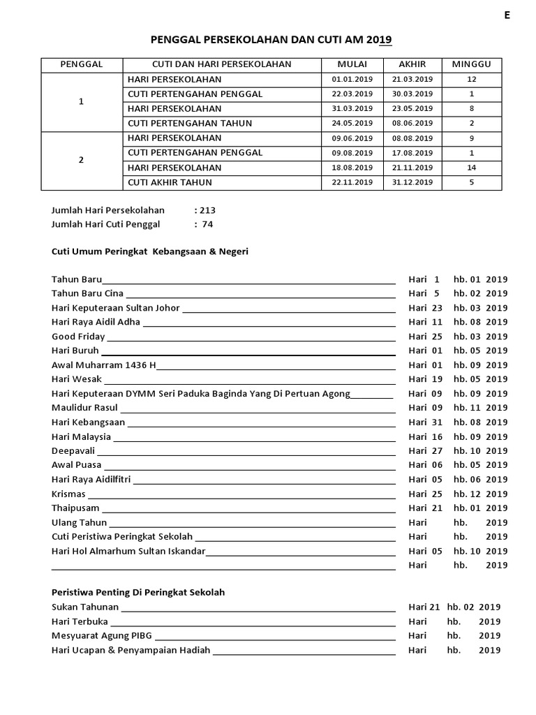D Kalendar 2019 Dan Penggal Persekolahan Dan Cuti Umum Am Doc Docx