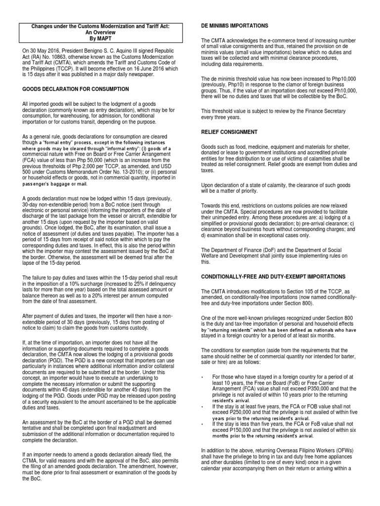 Changes under the Customs Modernization and Tariff Act.docx Customs