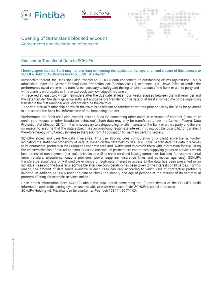 Opening of Sutor Bank Blocked Account Agreements and Declaration of