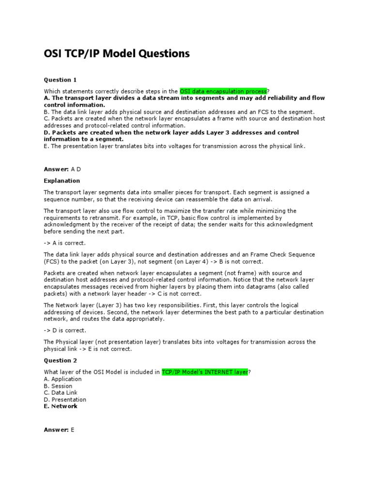 OSI TCP/IP Model Exam Questions | PDF | Osi Model | Internet Protocol Suite