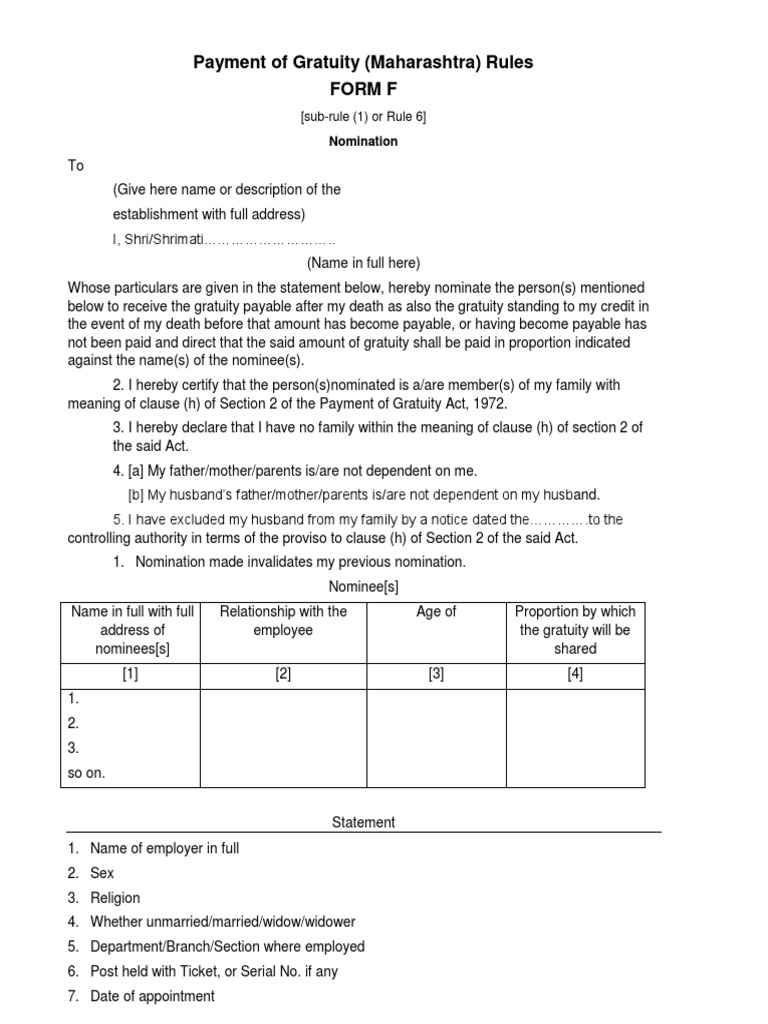 Form F Gratuity PDF Gratuity Virtue