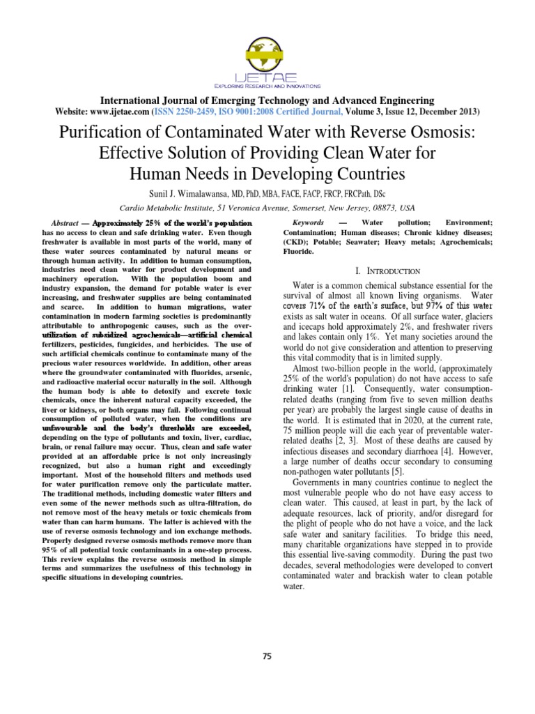 Purification of Contaminated Water With Reverse Osmosis Effective