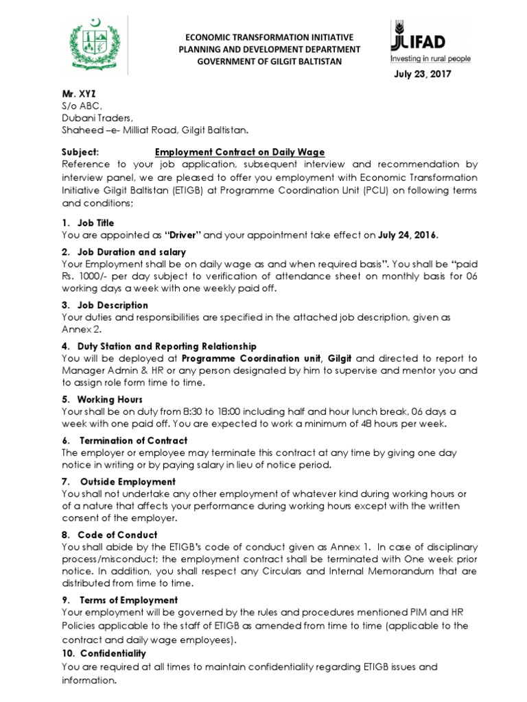 Daily Wage Employment Contract | PDF | Working Time | Employment