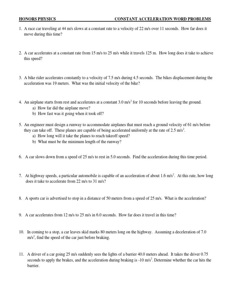 Constant Acceleration Practice Problems PDF Acceleration Velocity