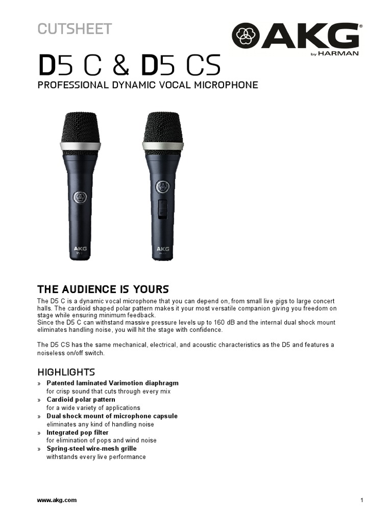 Akg d5c d5cs Cutsheet | PDF | Microphone | Sound Technology