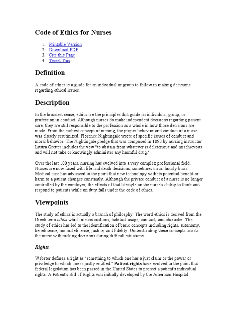 Code of Ethics for Nurses Overview | PDF | Autonomy | Nursing