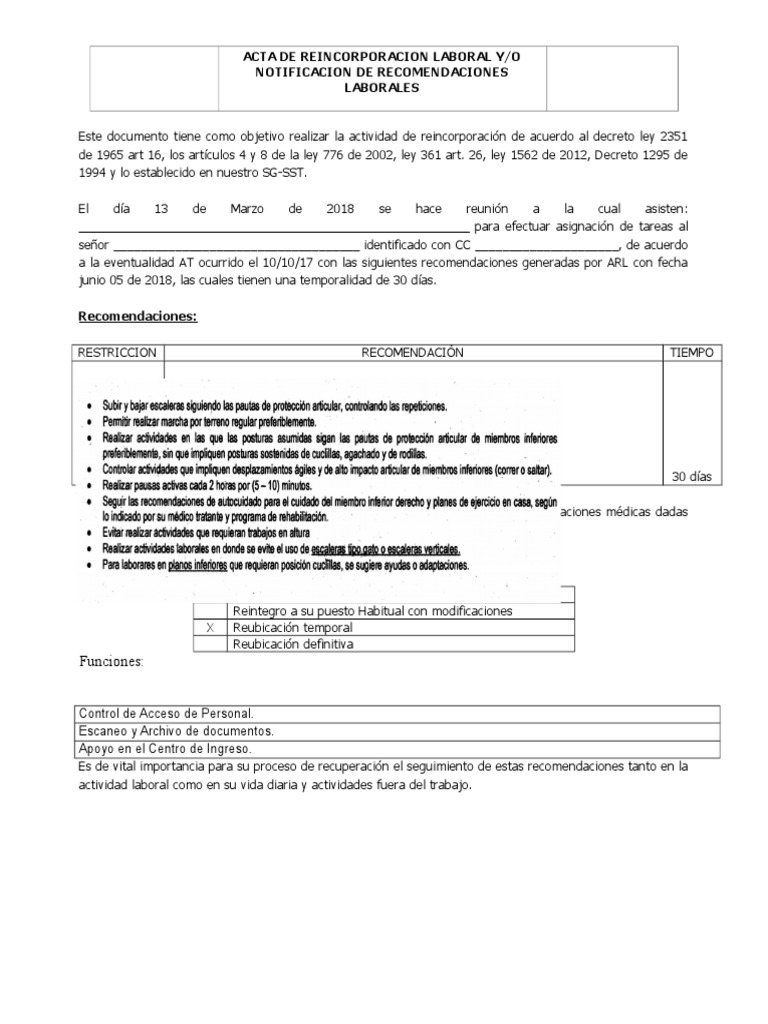 Acta de Reincorporación Laboral | PDF | Salud y bienestar | Medicina