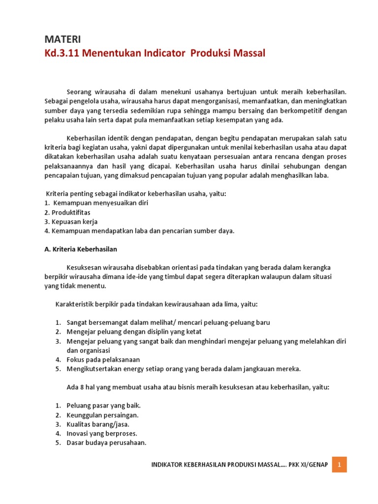 Indikator Keberhasilan Produksi Masal Docx