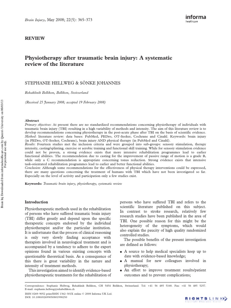 Physiotherapy After Traumatic Brain Injury: A Systematic Review of The ...