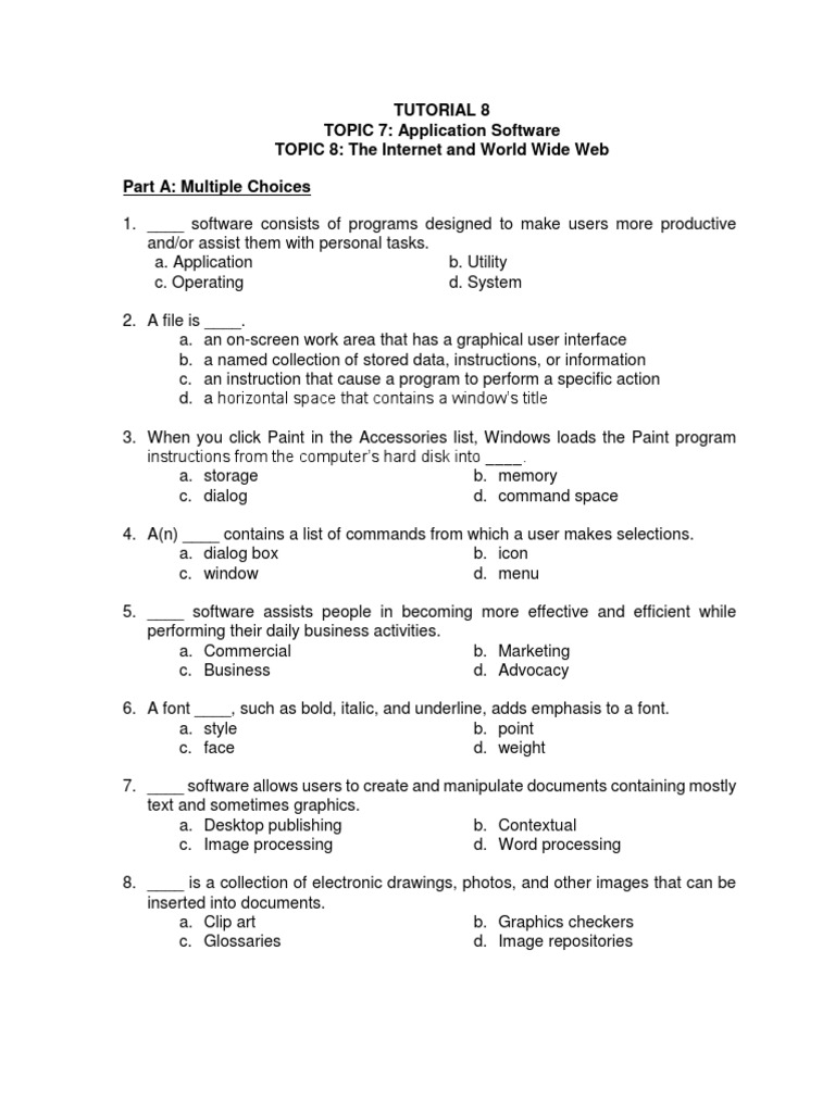 tutorial 8 topic 7 application software topic 8 the internet and world wide web part a multiple choices internet service provider internet access scribd