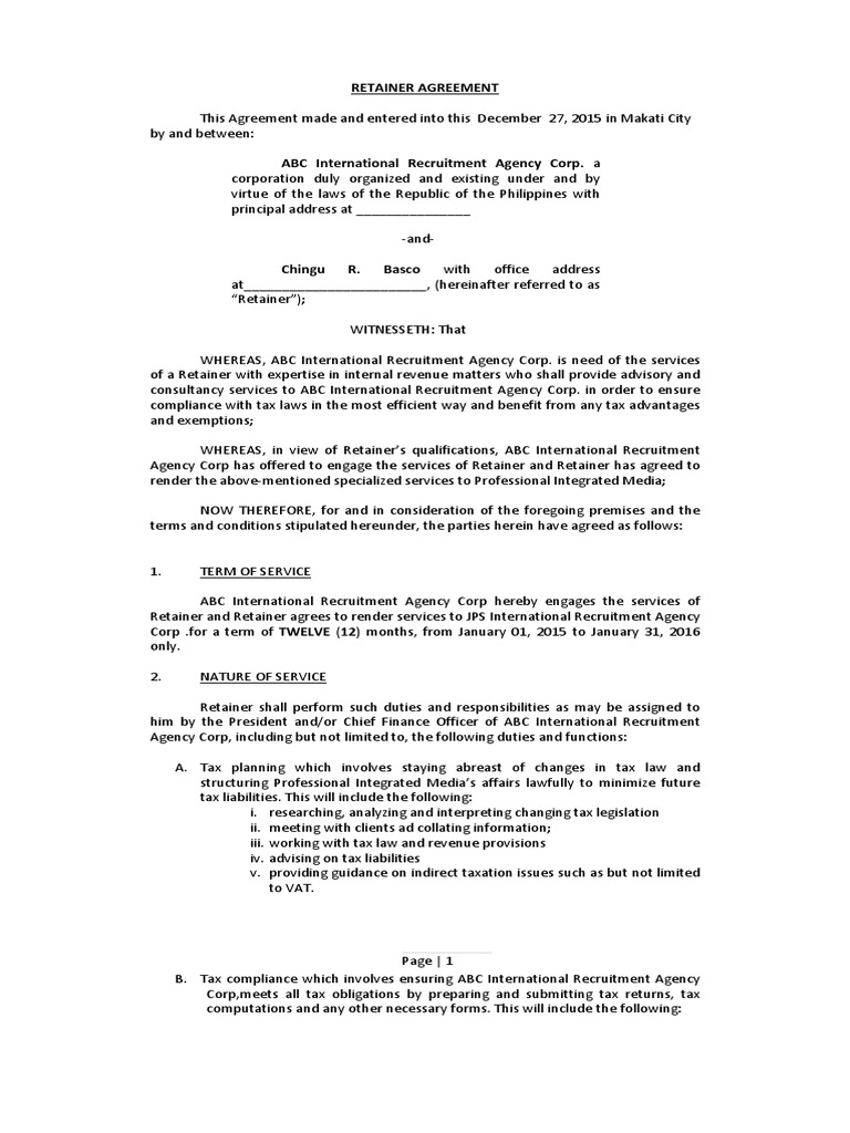 Retainer Agreement for Tax Consultancy | PDF | Independent Contractor ...