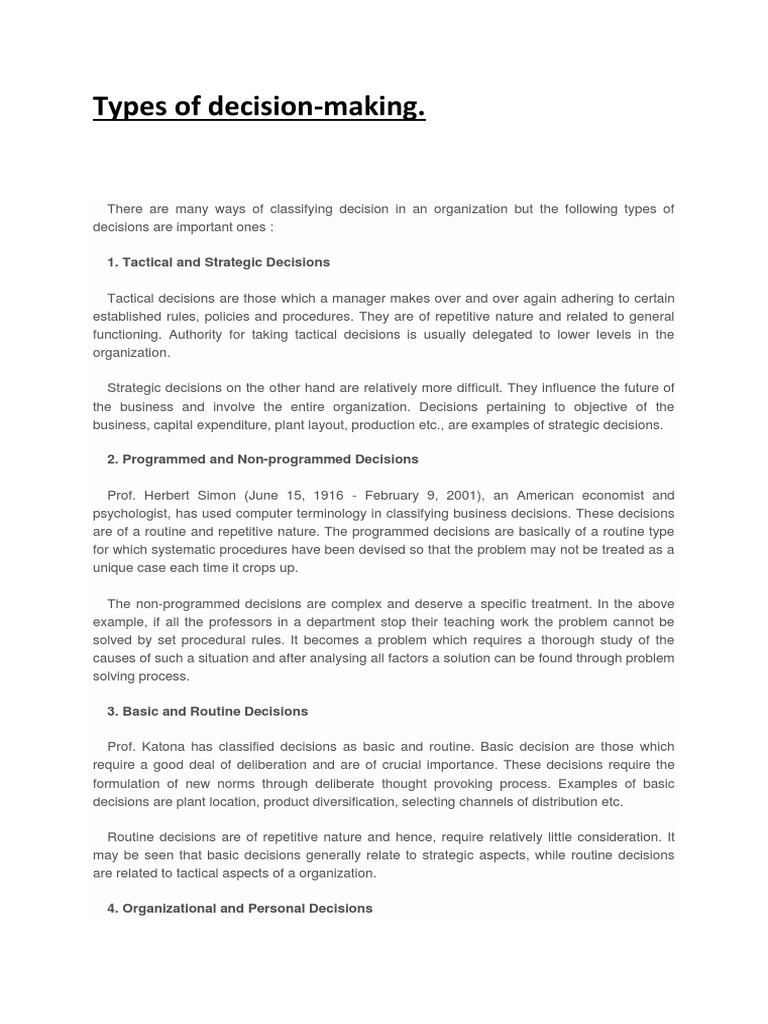 7 Types Of Decision Pdf Decision Making Emergence