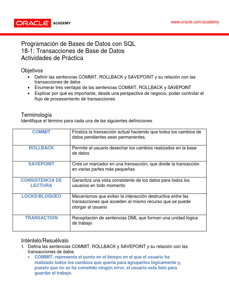 Transacciones SQL: COMMIT, ROLLBACK y SAVEPOINT | PDF | SQL | Gestión ...