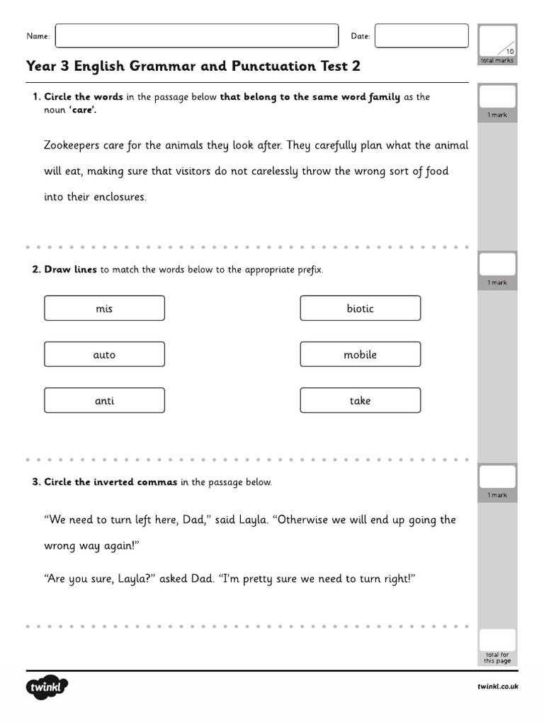 Year 3 English Grammar and Punctuation Test 2 | PDF