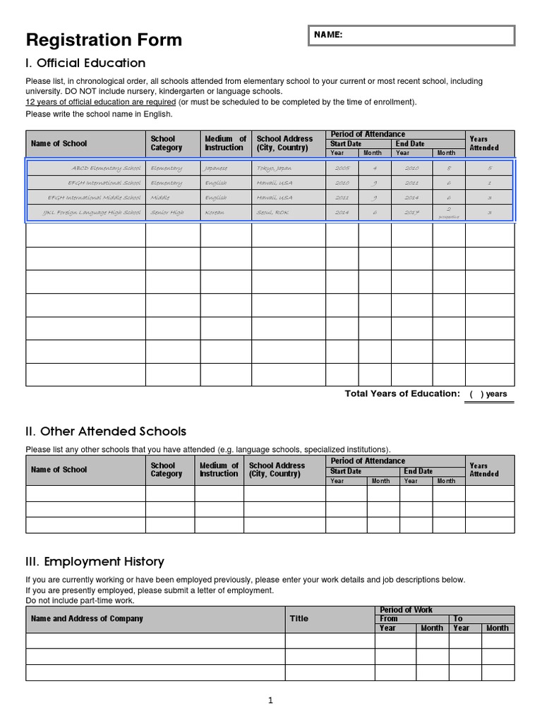Registration Form: I. Official Education | PDF | University And College ...