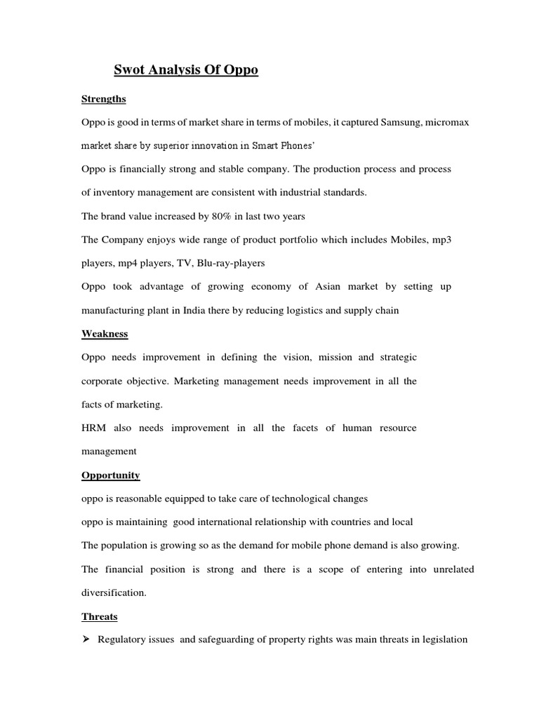 SWOT Analysis of Oppo Mobile Company | PDF | Technology & Engineering