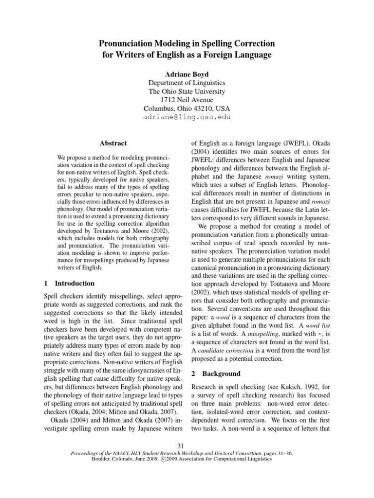 Pronunciation Modeling in Spelling Correction | PDF | Spelling ...