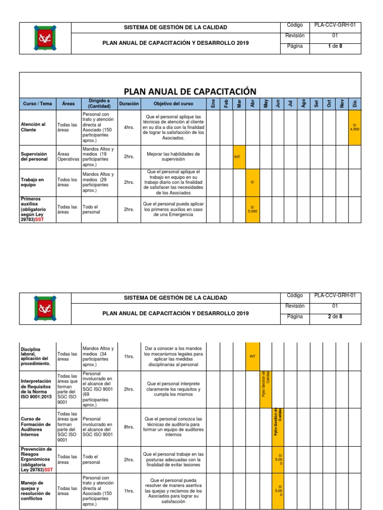 Plan Anual de Capacitación 2019 | PDF | Gestión de la calidad | Teoría