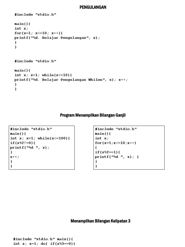pengulangan-include-stdio-h-main-int-x-for-x-1-x-10-x-printf