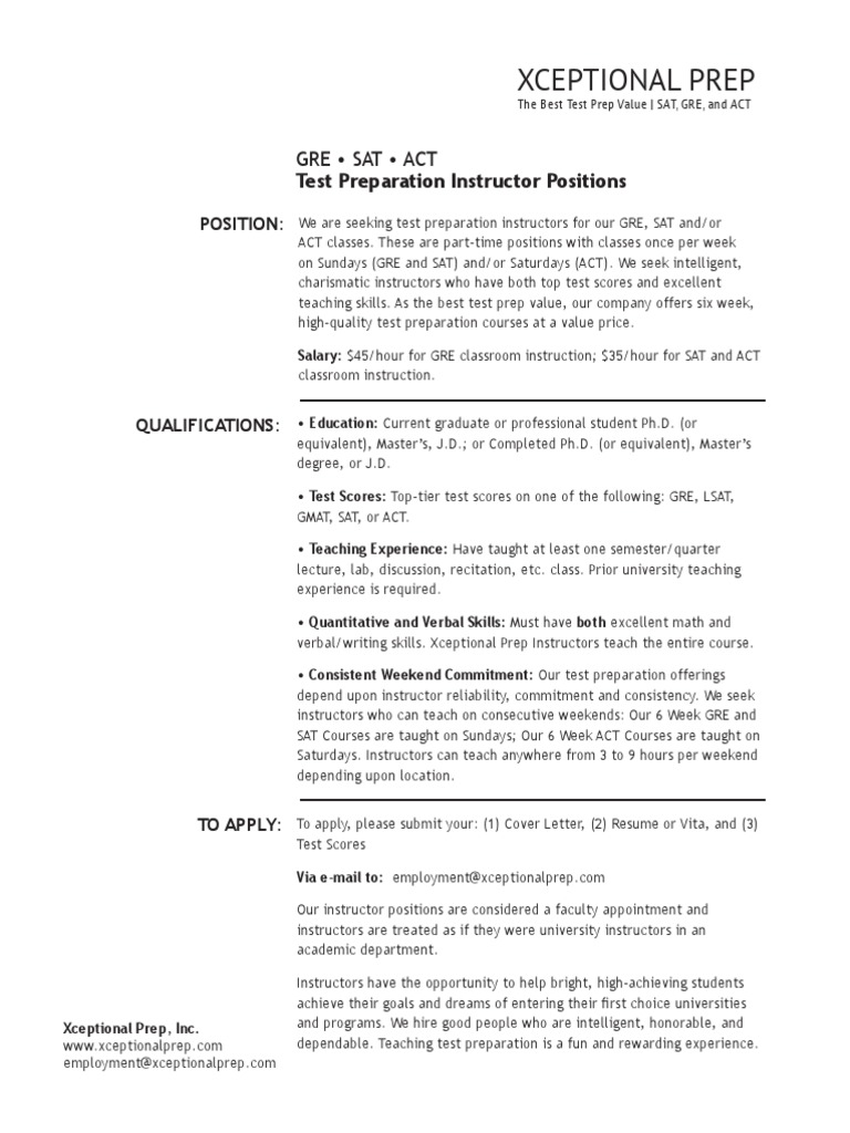 Test Prep Instructor Jobs: GRE, SAT, ACT | PDF | Graduate Record ...