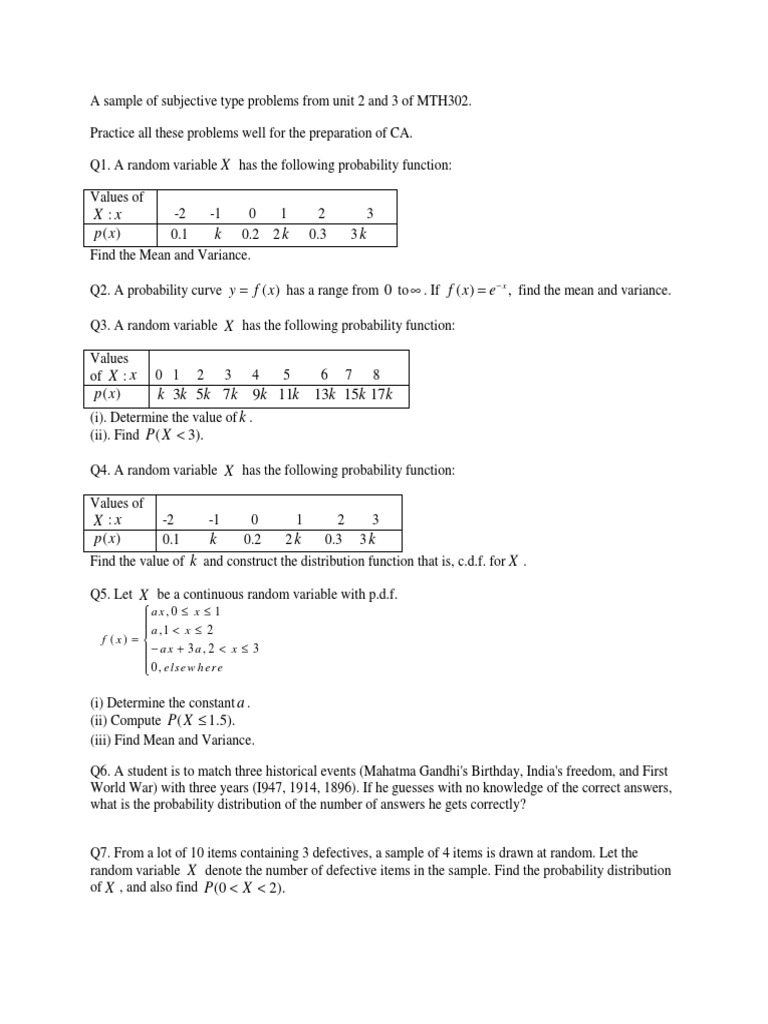 A 26 19 Mth302 Unit2 3 Problems Pdf Random Variable Probability Distribution