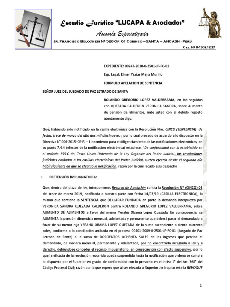 Apelacion de Sentencia - Aumento de Alimentos - Rolando Lopez