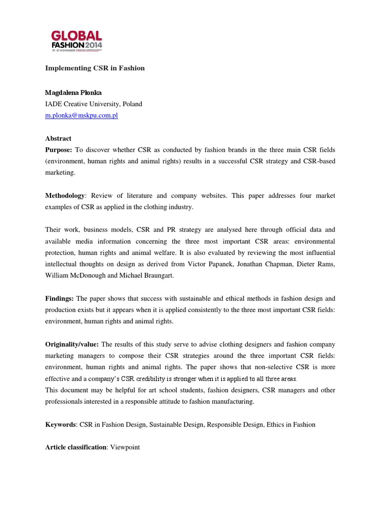 PLONKA Implementing CSR in Fashion | PDF | Corporate Social ...
