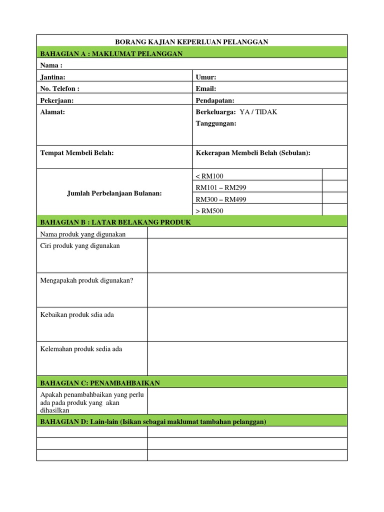 Borang Kajian Keperluan Pelanggan Pdf