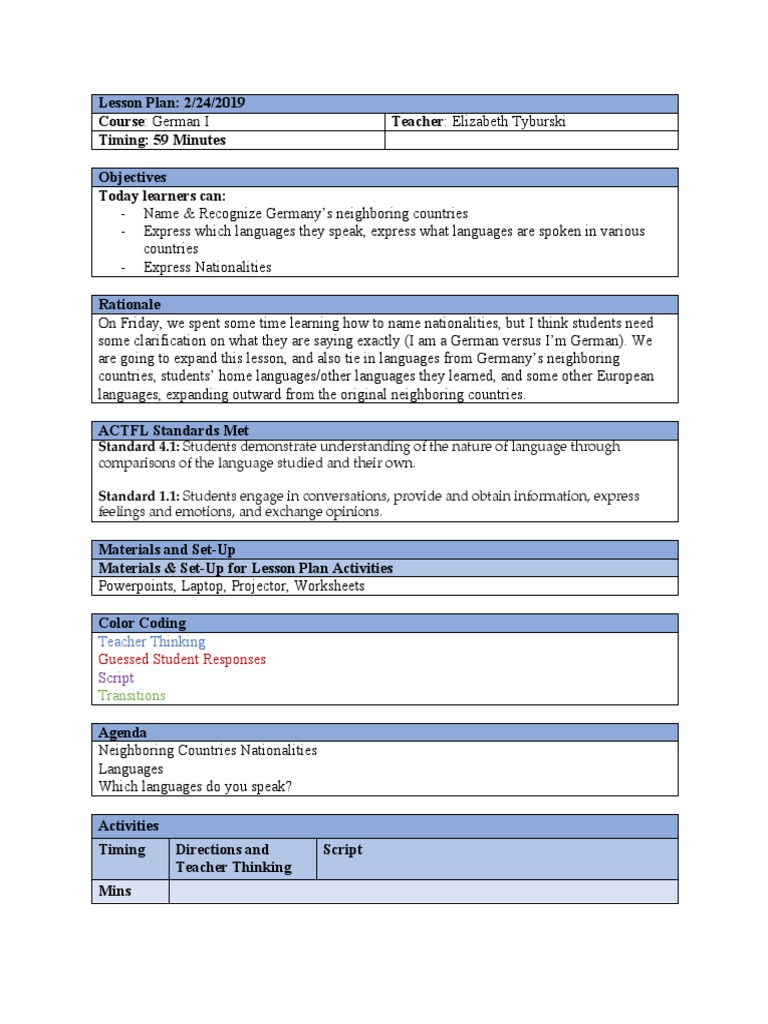 German 1 Sample Lesson Plan PDF | PDF | Lesson Plan | Semiotics