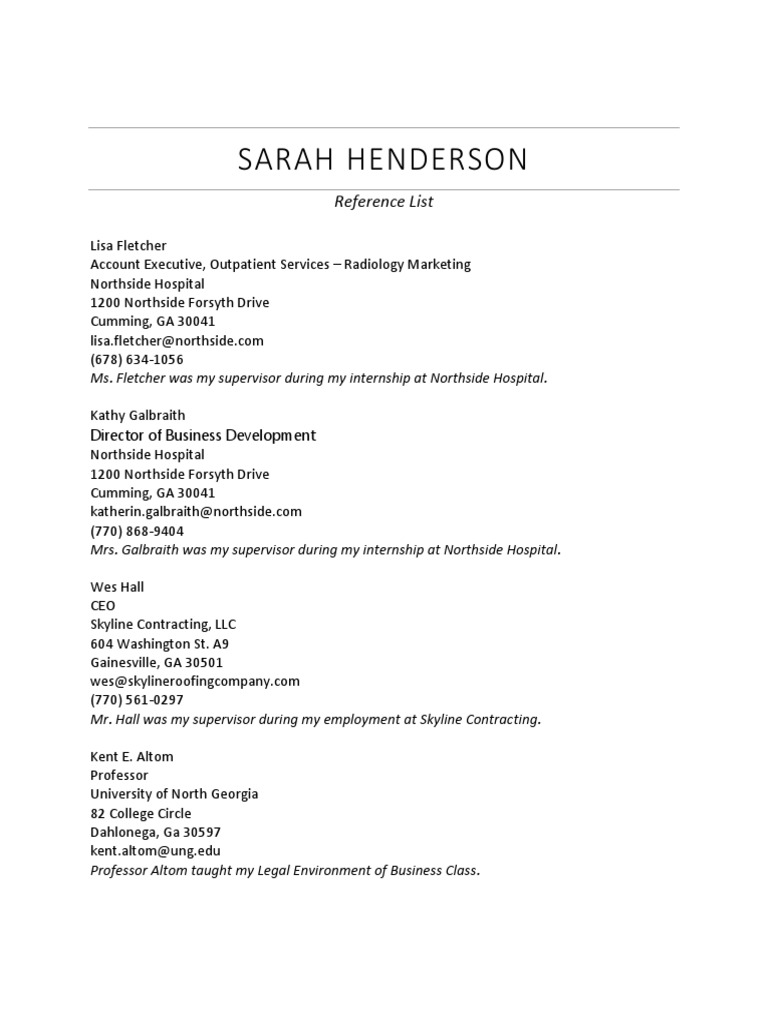 Professional Reference List for Sarah Henderson | PDF | Career & Growth