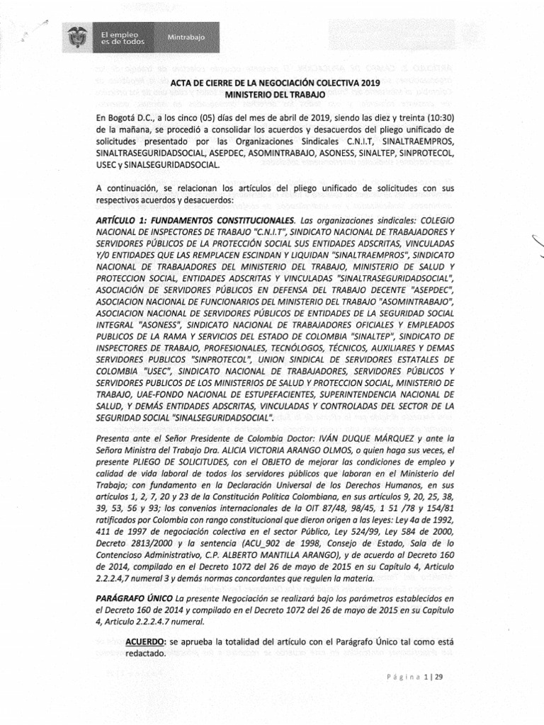 Acta de Cierre de La Negociación Colectiva 2019 | PDF
