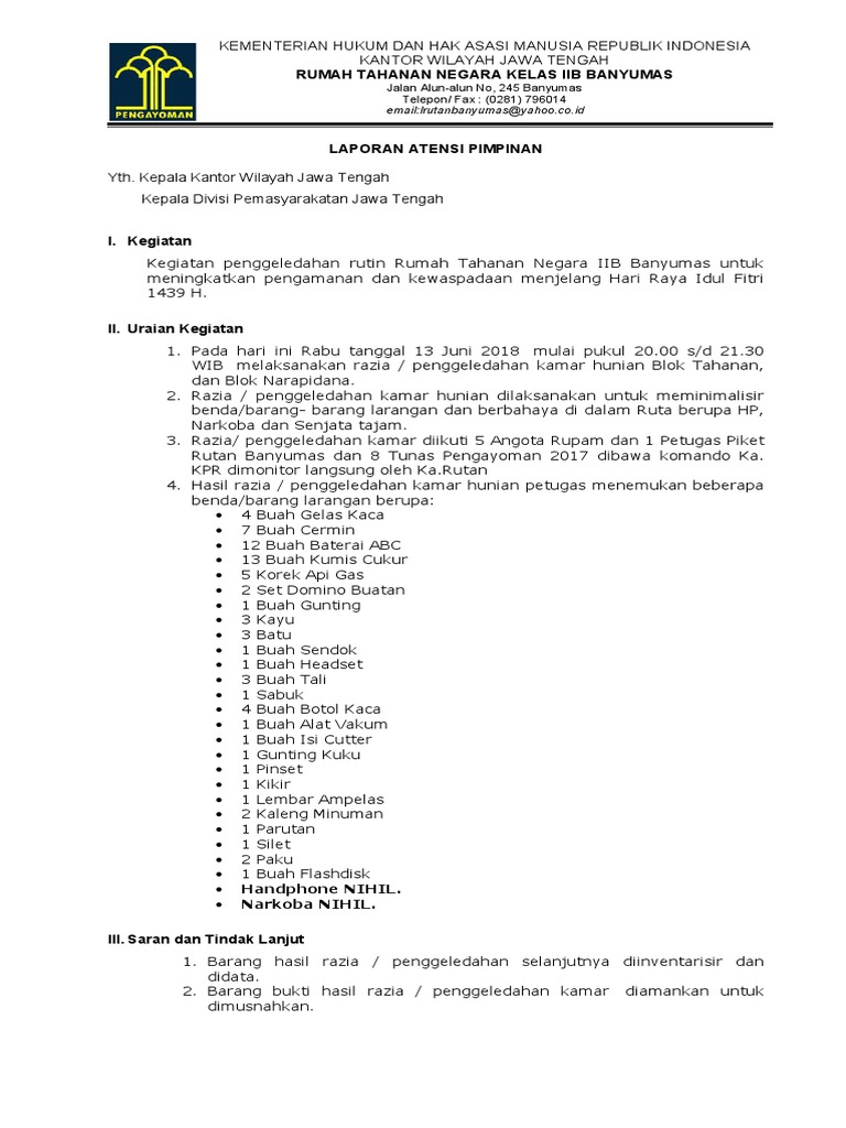 Contoh Laporan Atensi Pimpinan Penggeledahan Rutan Kelas