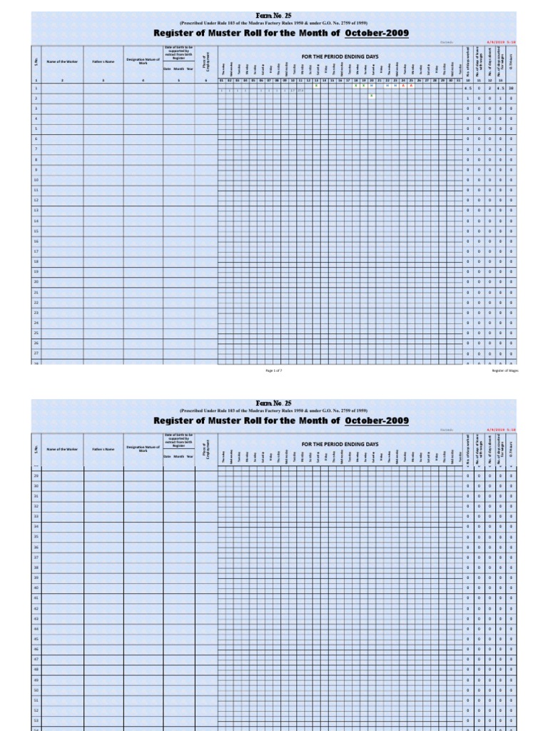 October Muster Roll: A Concise Register Tracking Employee Attendance ...