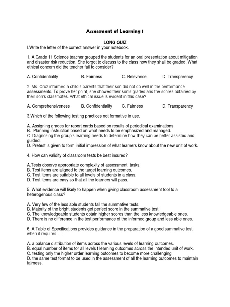 Long Quiz on Assessment Practices | PDF | Educational Assessment ...