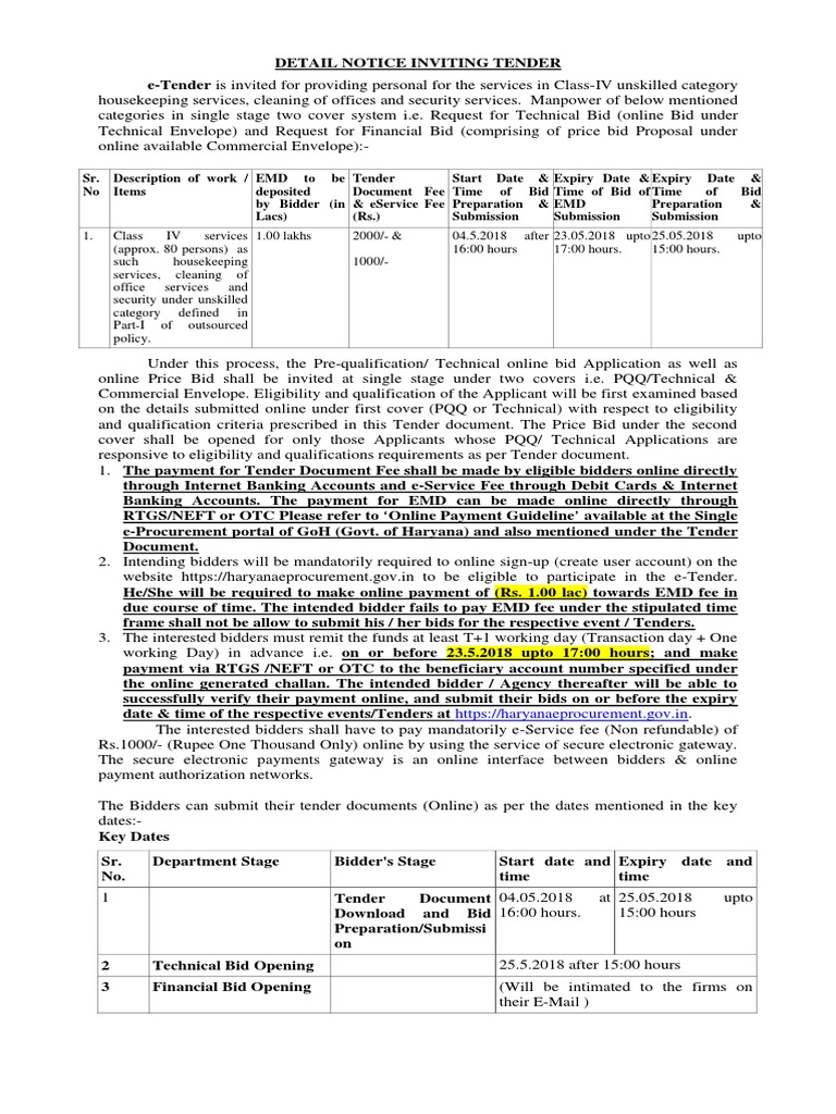 e-Tender for Class IV Housekeeping Services | PDF | Breach Of Contract ...