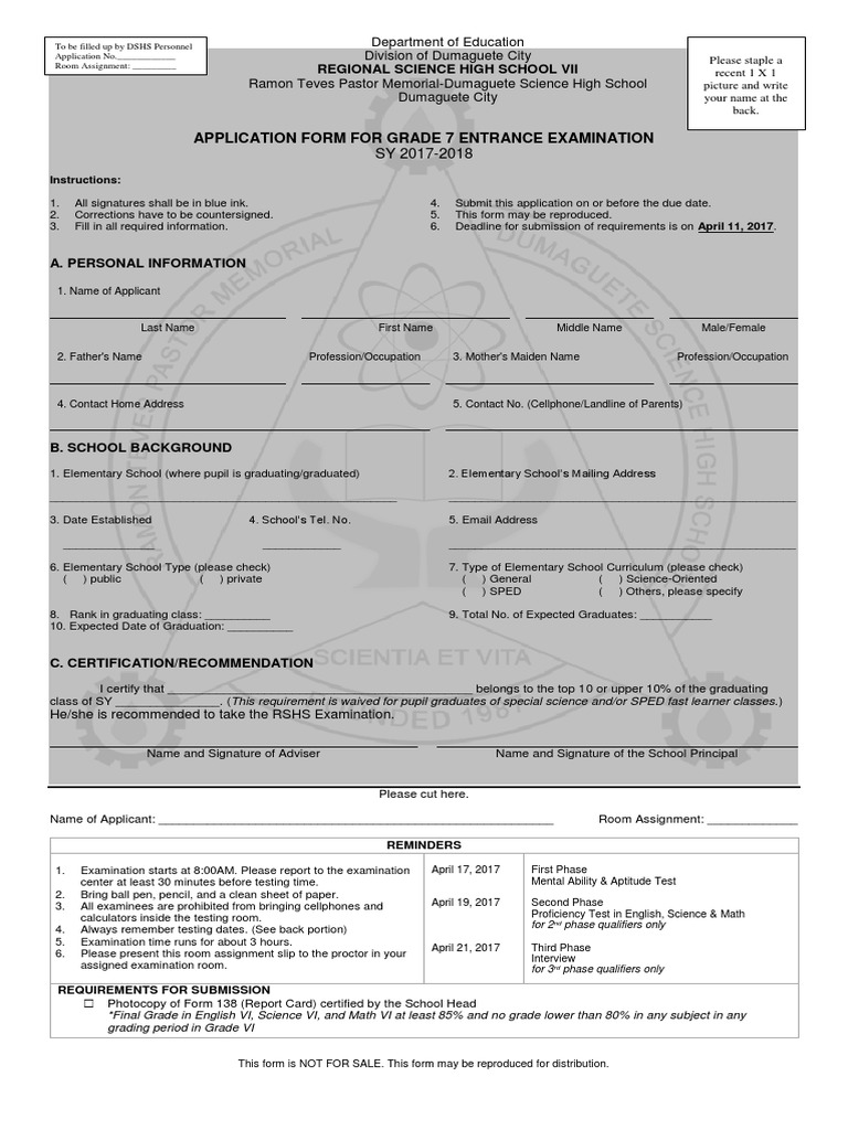 Grade 7 Entrance Exam Application | PDF | Test (Assessment) | Learning