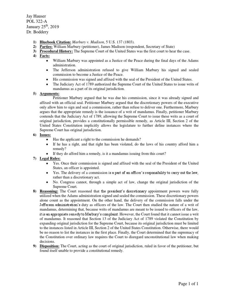Practice Case Brief Marbury v. Madison PDF Marbury V. Madison Mandamus