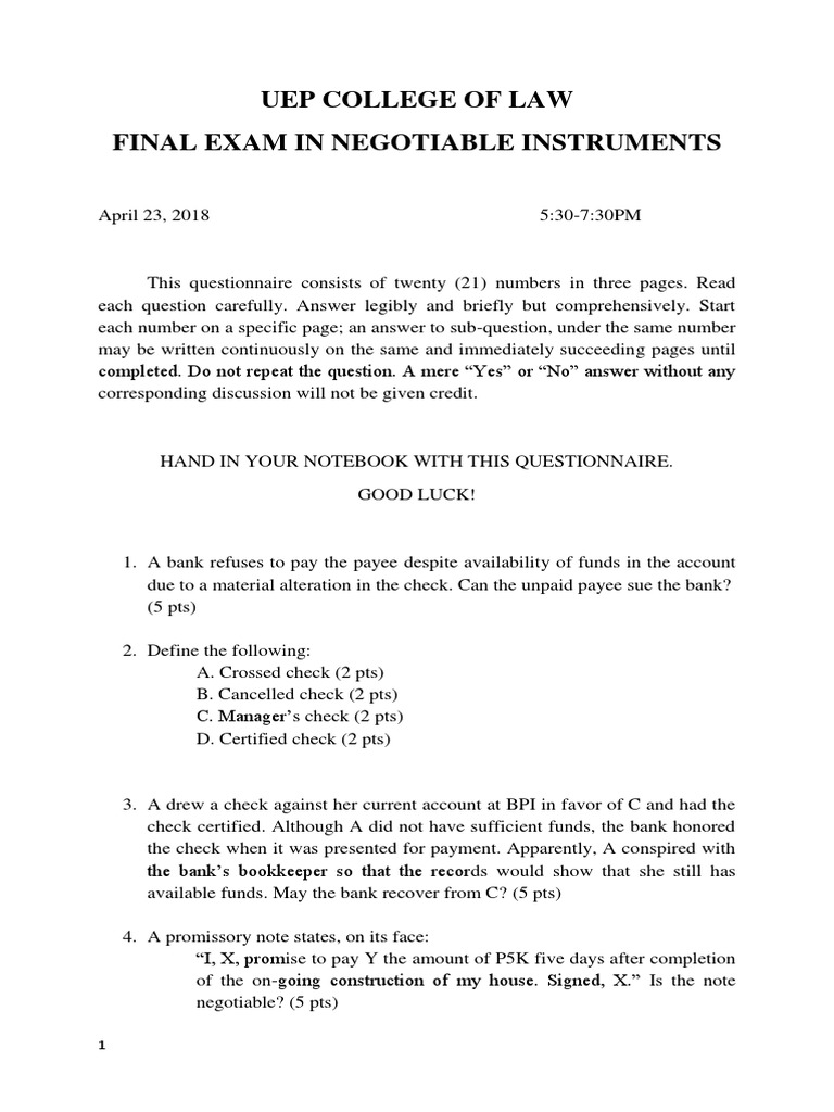 Final Exam: Negotiable Instruments | PDF | Promissory Note | Negotiable ...