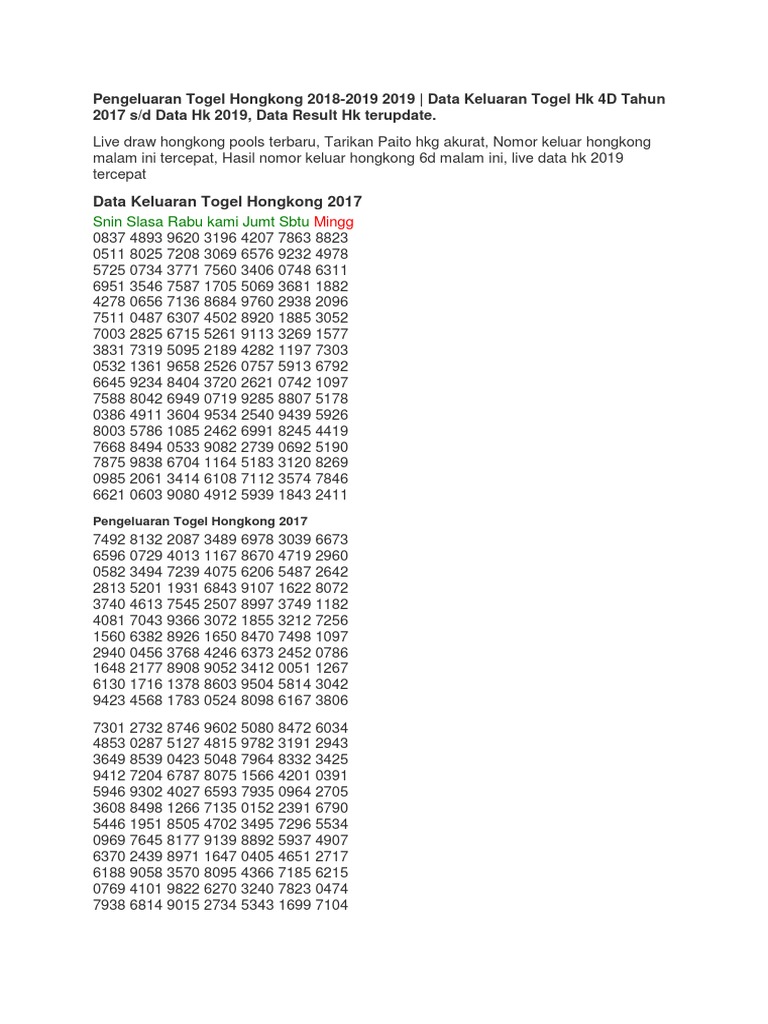 Pengeluaran Togel Hongkong 2018 Pdf