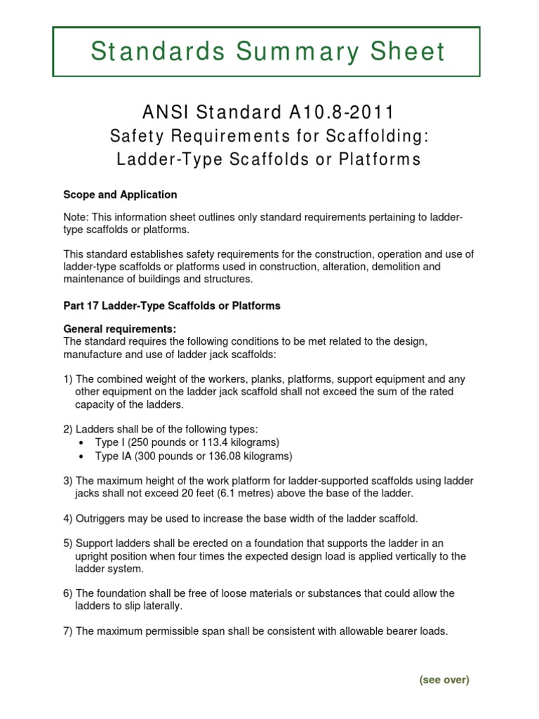 Standards Summary Sheet - ANSI A10.8-2011 | PDF | Ladder | Scaffolding