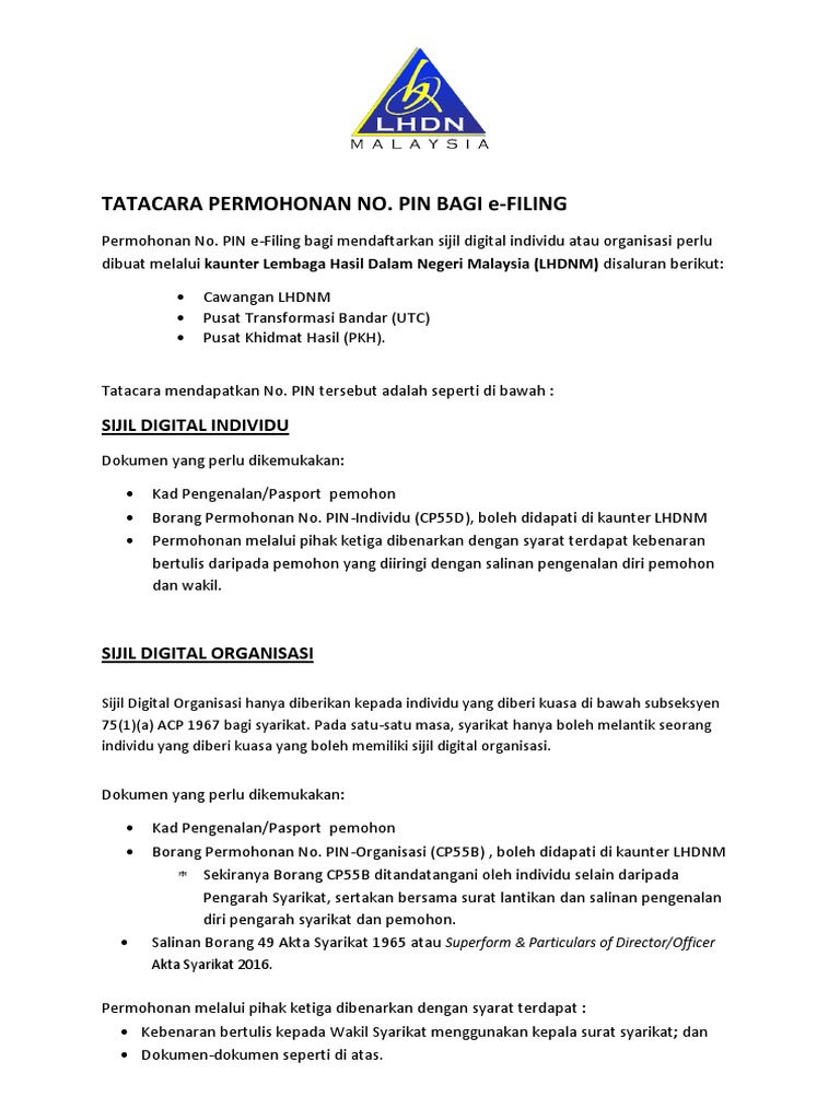 Tatacara Permohonan Efiling No Pin Pdf