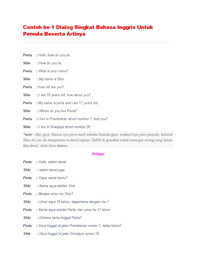 Dialog Bahasa Inggris Singkat untuk Pemula | PDF | Seni & Disiplin ...