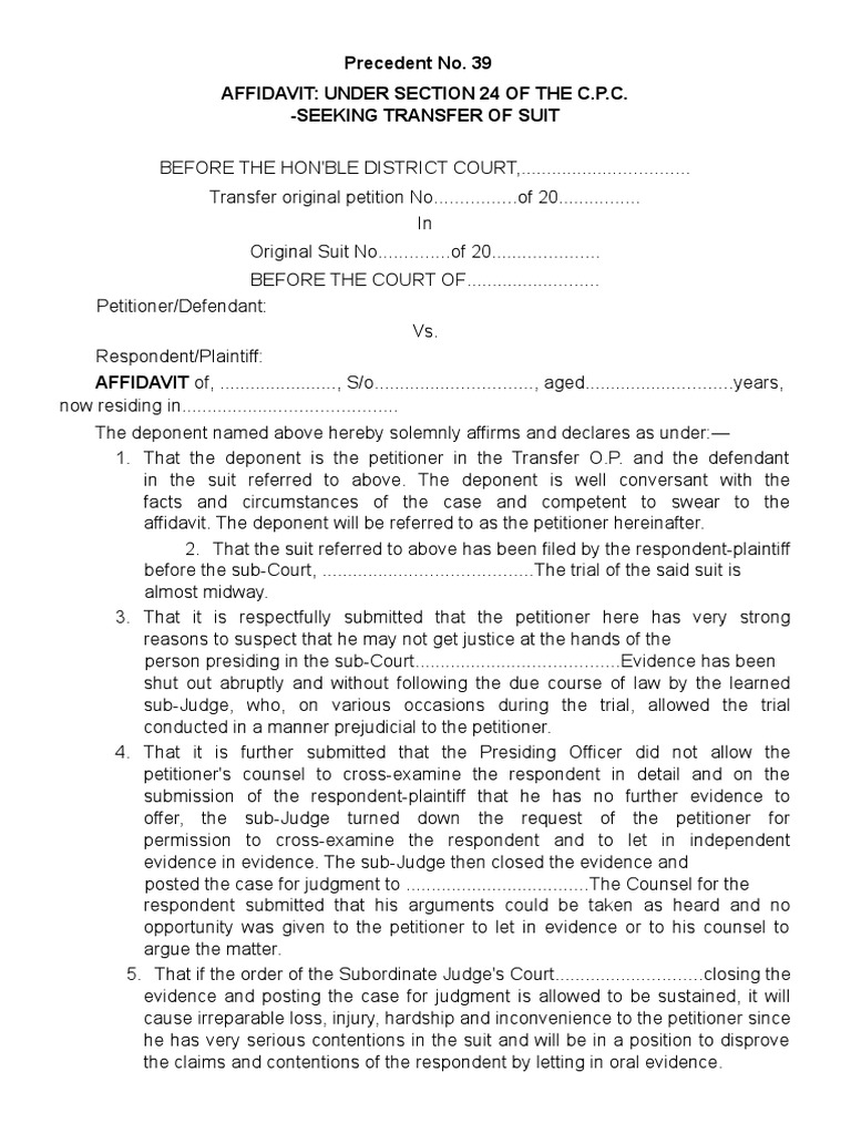 Affidavit- Under Section 24 of the c.p.c. -Seeking Transfer of Suit ...
