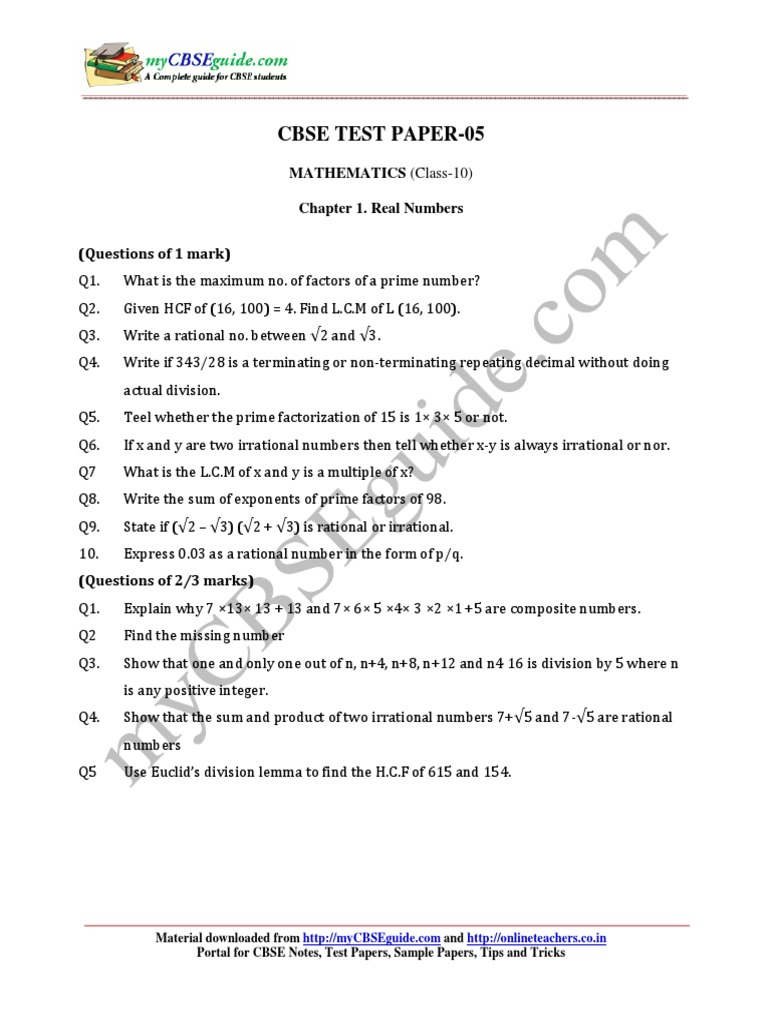 CBSE Class 10 Math Real Numbers Test Paper Questions | PDF