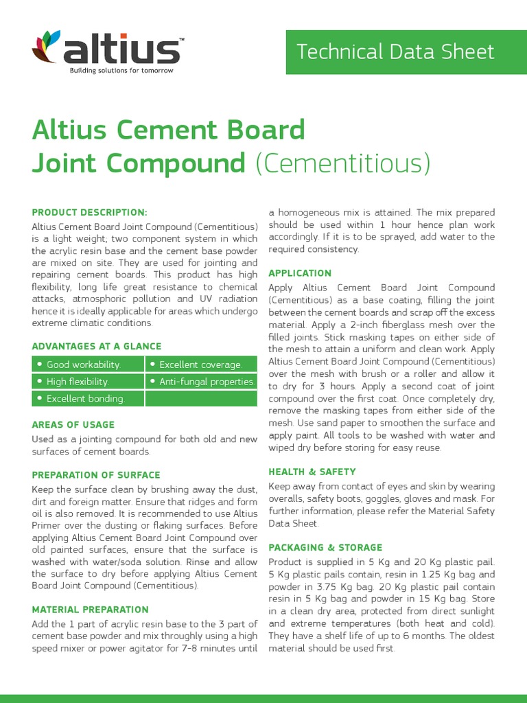TDS Altius Cement Board Joint Compound Cementitious PDF Cement Paint
