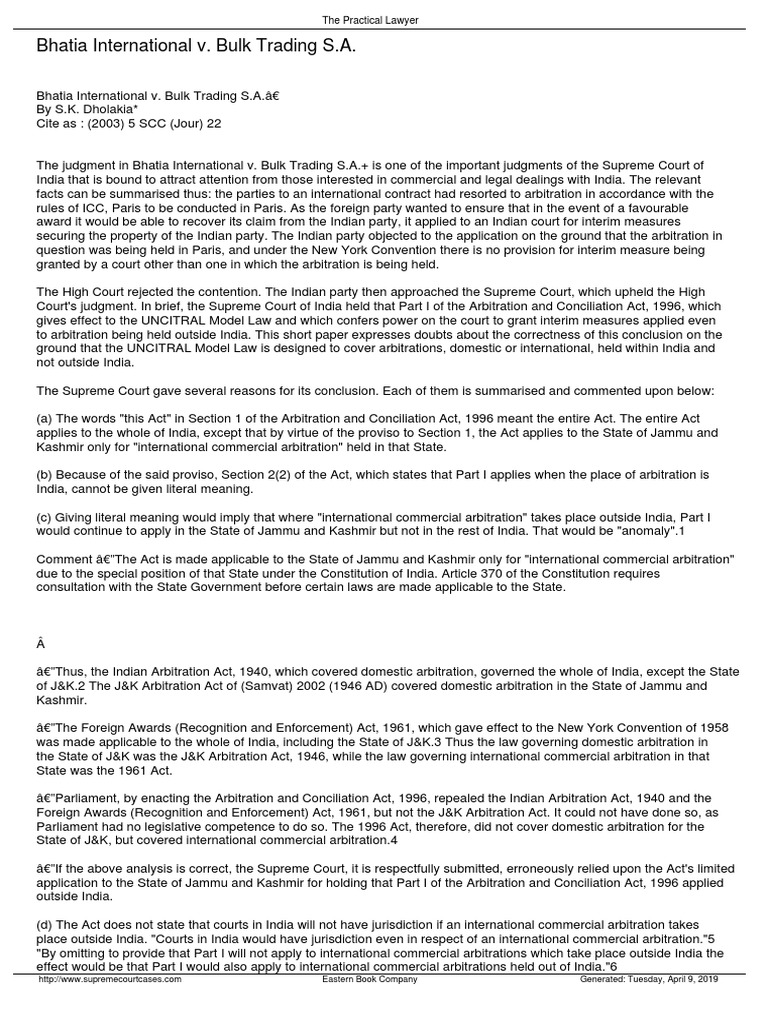 Bhatia International v. Bulk Trading S.A. PDF Arbitration Tribunal