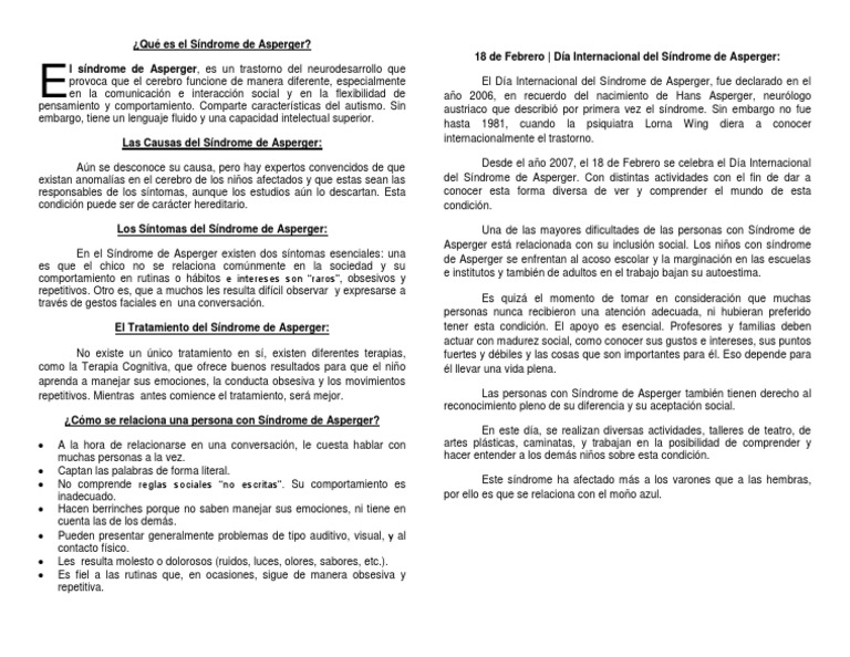 Diptico Sobre Dia Internacional Del Sindrome De Asperger Docx Sindrome De Asperger Cognicion