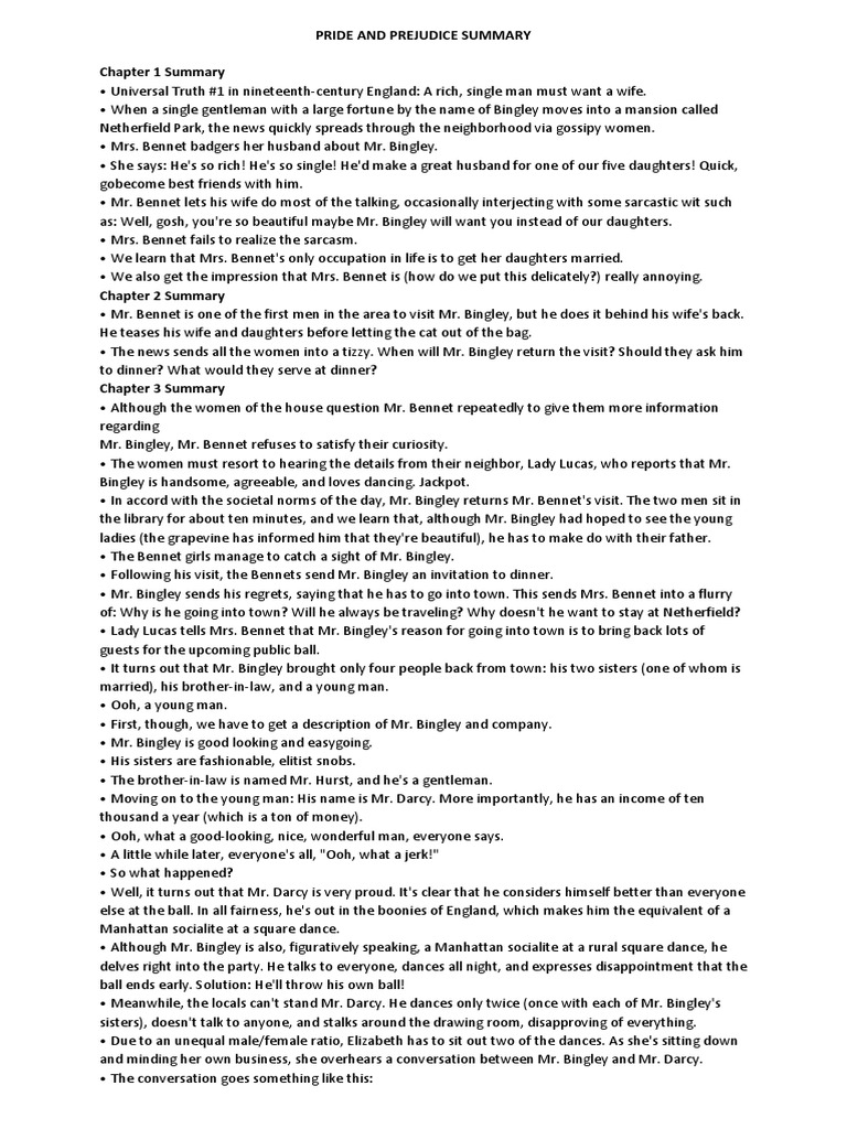 Pride and Prejudice Summary Chapter 1 Summary PDF Pride And Prejudice Mr. Darcy