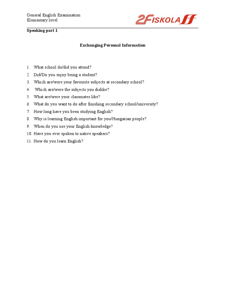 Speaking Part 1 PDF English Language Tutor